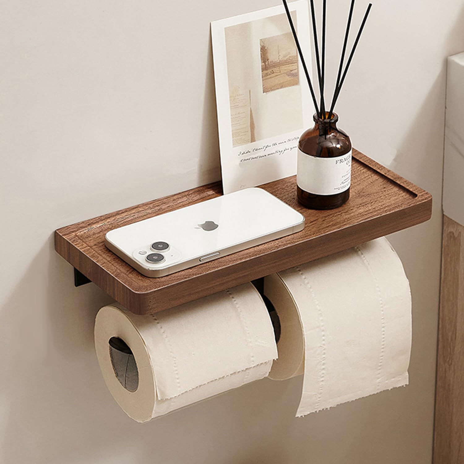Amazon.co.jp: MAGOKORO 天然木トイレットペーパーホルダー 2連 棚付